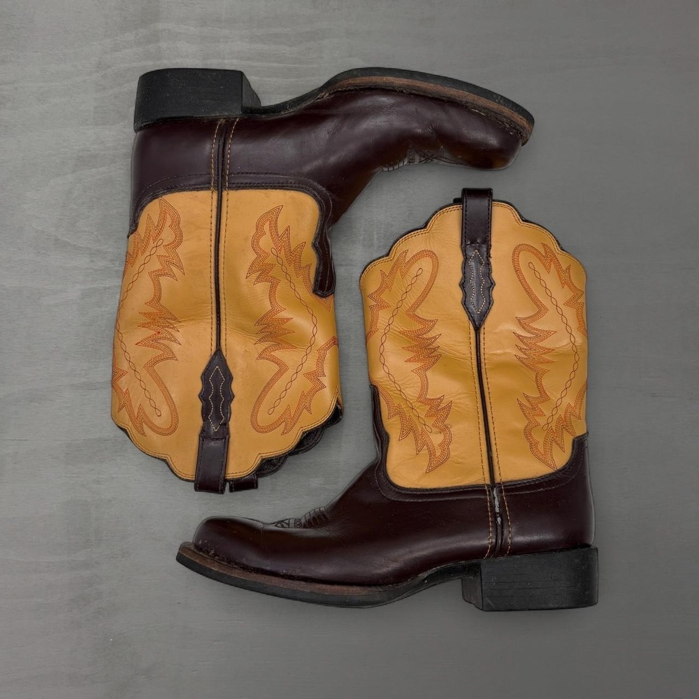 Vintage Acme Western Cowboy Boots Burgundy Tan Flame Stitch Square Toe 11 M